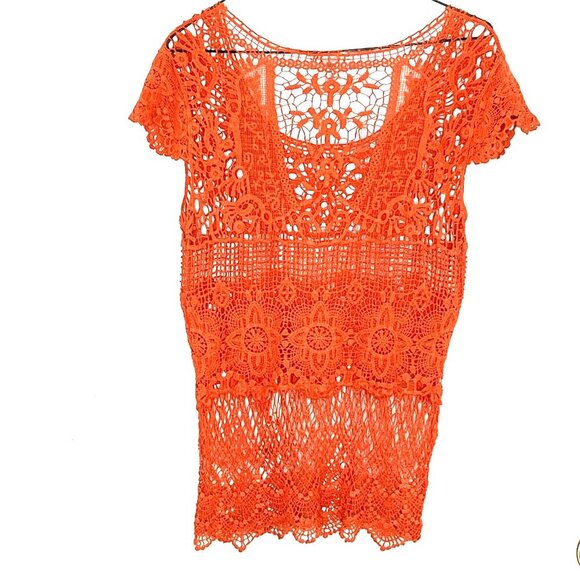 Cato Open Crochet Top Size S Cap Sleeve 100% Cotton Orange Layering Boho Hippie - Picture 3 of 6